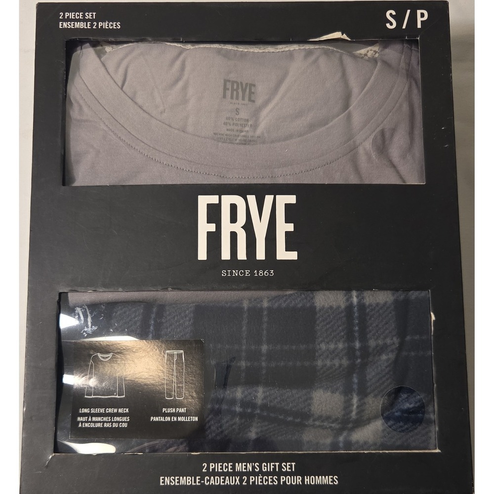 Frye Men's 2-Piece Pajama Set S Long Sleeve Crew‎ Neck Plaid Gray/Blue